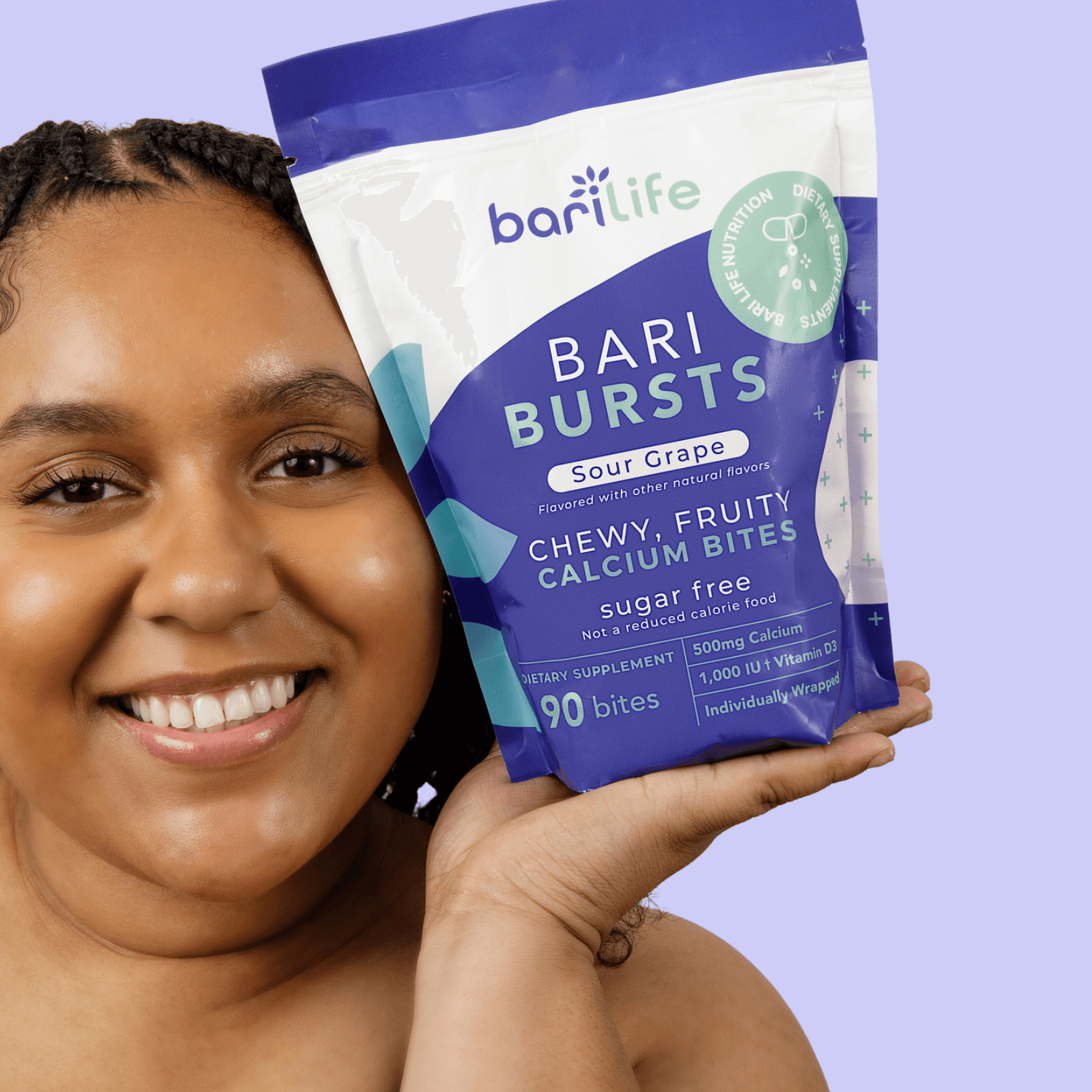 BariBurst Sour Grape calcium chews by Bari Life, showcasing delicious chewable bites for better absorption and taste.